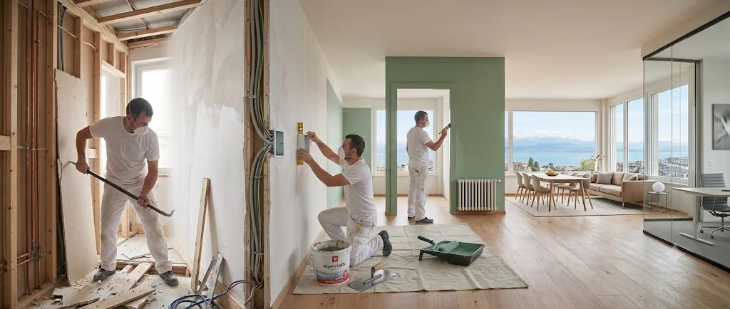 Artisans rénovant un intérieur contemporain avec vue sur le Léman