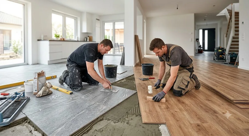 Artisans posant du carrelage et un revêtement de sol en bois