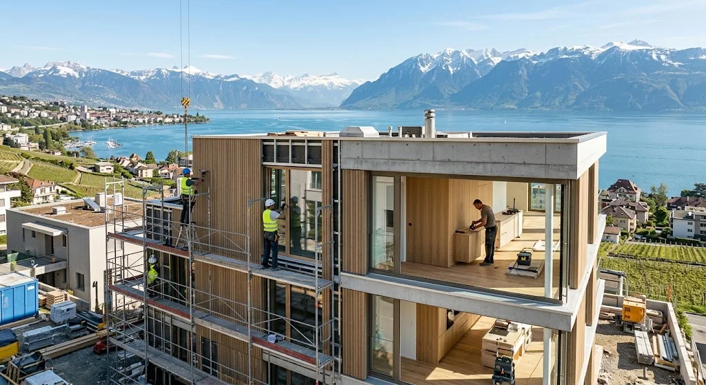 Chantier de construction avec vue sur le Léman et les Alpes